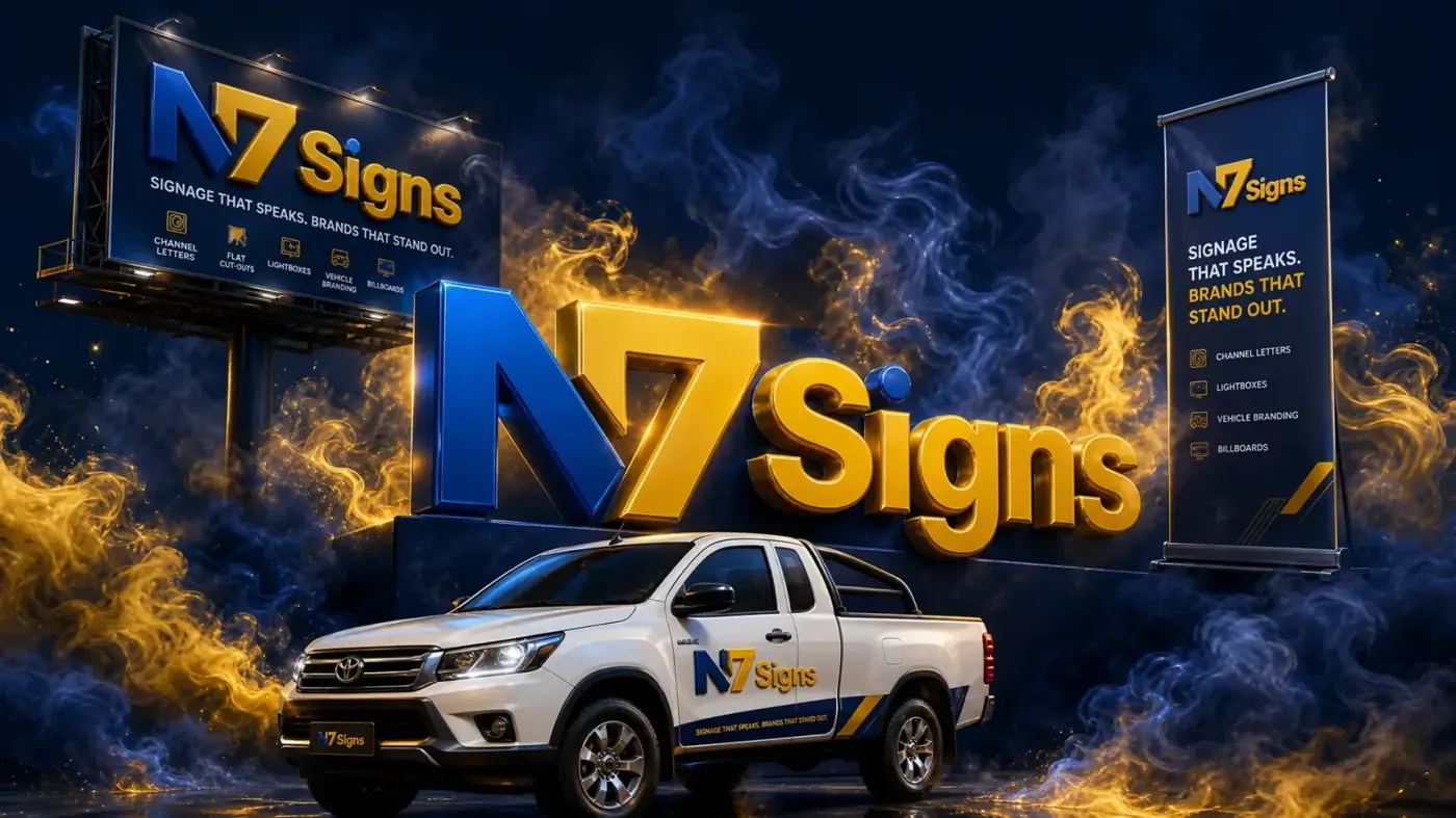 3D illuminated N7 Signs signage emerging from navy and gold clouds with billboard, banner and branded bakkie